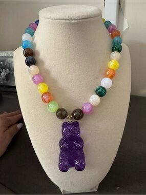 Multicolor Beaded Necklace with Purple Gummy Bear Pendant